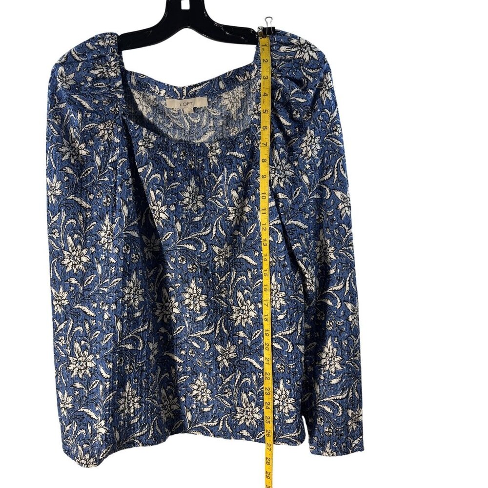 Floral Blue & White Long Sleeve Square Neck Top By Loft Size L - Picture 7 of 8